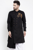 Black Cotton Asymmetric Men Kurta with Resham embroidery