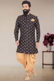 Black Dupion Silk Embroidered Zari Work Sherwani with Dhoti Pants