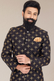 Black Dupion Silk Embroidered Zari Work Sherwani with Dhoti Pants