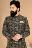 Black Dupion Silk Embroidered Sherwani for Men