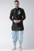 Black Dupion Silk Embroidered Straight Cut Men's Kurta Dhoti 