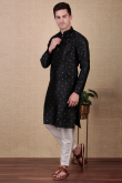 Black Dupion Silk Embroidered Straight Cut Men's Kurta Pajama