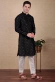 Black Dupion Silk Embroidered Straight Cut Men's Kurta Pajama