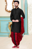 Black Dupion Silk Kurta with Dhoti and Silk Crushed Dupatta