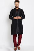 Black Dupion Silk Men's Kurta With Churidar