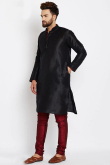 Black Dupion Silk Men's Kurta With Churidar
