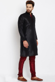 Black Dupion Silk Men's Kurta With Churidar