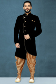Black Dupion Silk Asymmetric Sherwani with Golden Dhoti