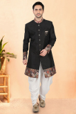 Black Dupion Silk Men's Sherwani with Printed Work for Sangeet