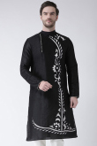 Black Dupion Silk Patch Embroidered Kurta for Men