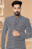 Black Dupion Silk Resham Thread Embroidered Men's Sherwani