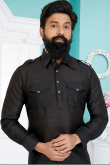 Black Straight Cut Dupion Silk Men Kurta Pajama for Party 