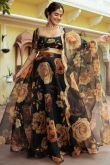 Black Floral Print Organza Flared Style Lehenga