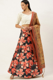 Black Floral Print Silk A Line Style Lehenga