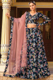 Black Floral Printed Silk A-Line Lehenga 