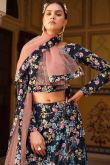Black Floral Printed Silk A-Line Lehenga 