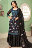 Lace Work Party Wear Trouser Suit in Black Georgette