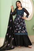 Lace Work Party Wear Trouser Suit in Black Georgette