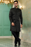 Black Jacquard Weaved Thread Straight Cut Men's Sherwani