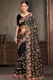 Black Net Saree with Stone & Resham Work and Round Neck Blouse