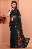 Black Wedding Wear Resham Embroidered Saree in Net