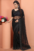 Net Black Resham Embroidered Saree for Wedding 