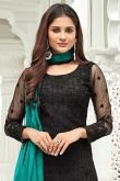 Black Net Embroidered Straight Cut Suit With Cigarette Pants