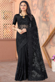Black Net Fancy Saree with Beads & Resham Work and Round Neck Blouse