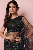 Black Net Saree with Sequins & Lace Work and Sleeveless Blouse