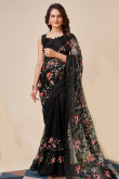Black Resham Embroidered Net Saree For Sangeet 