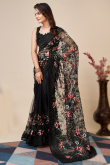 Black Resham Embroidered Net Saree For Sangeet 