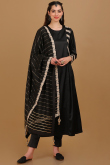 Black Satin Lace Embroidered Frock Style Trouser Suit