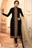 Black Satin Silk Churidar Suit With Resham Work