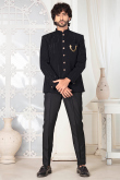 Black Silk Blend Embroidered Men's Sherwani For Wedding
