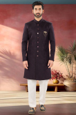 Black Silk Blend Embroidered Straight Cut Men's Sherwani