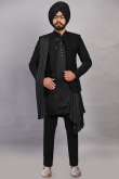 Black Silk Embroidered Jacket Style Men Kurta Pant