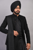 Black Silk Embroidered Jacket Style Men Kurta Pant
