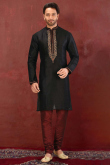 Black Silk Embroidered Men's Churidar Kurta 