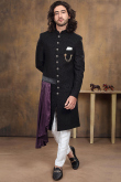 Black Silk Indo-Western Men Printed Sherwani