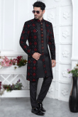 Black Silk Sequins Embroidered Jacket Style Men's Sherwani