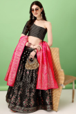 Black Silk Embroidered Lehenga with Pink Zari Dupatta