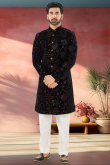 Black Velvet Embroidered Straight Cut Men's Sherwani