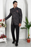 Black Weaved Thread Silk Jodhpuri Style Men's Coat Pant