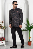 Black Weaved Thread Silk Jodhpuri Style Men's Coat Pant