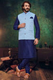 Blue Art Silk Men Kurta Pajama With Waistcoat