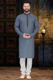 Blue Cotton Printed Men's Kurta Pajama