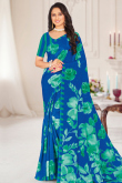 Blue Crepe Saree With Printed Work For Casual Wear