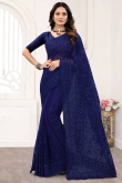 Saree in Blue Net for Party Wear with Stone embroidery