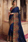 Blue Silk Saree With Velvet Blouse