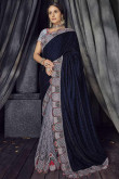 Navy Blue And Grey Velvet And Net Saree 